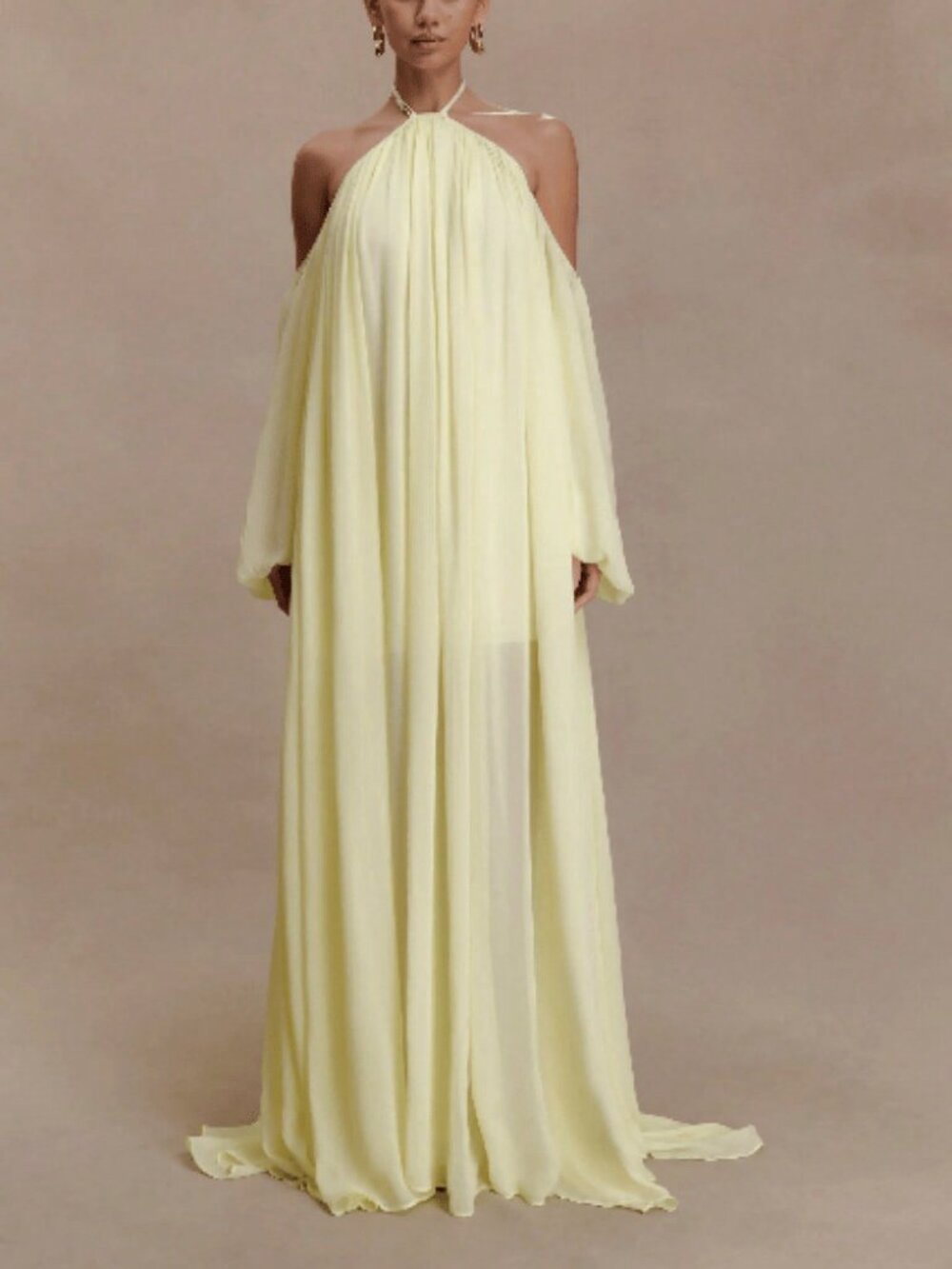 Light Yellow Casual Elegant Women's Loose Long Sleeve Flowy Chiffon Maxi Dress